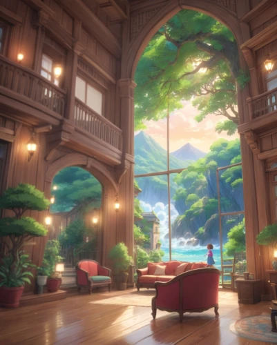 dandelion hall,forest house,dreamhouse,wooden beams,japanese-style room,studio ghibli,living room,background design,livingroom,ghibli,sitting room,tree house,house in the forest,wooden roof,sky apartment,beautiful home,teahouse,metasequoia,virtual landscape,3d fantasy,Anime,Anime,Traditional