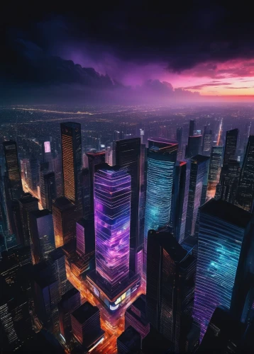 cybercity,metropolis,cyberpunk,cyberport,futuristic landscape,the skyscraper,skyscraper,megacorporation,electric tower,skycraper,skyscraping,dystopian,megalopolis,cybertown,cityscape,futuristic,ultraviolet,fantasy city,above the city,purple wallpaper,Illustration,Retro,Retro 22
