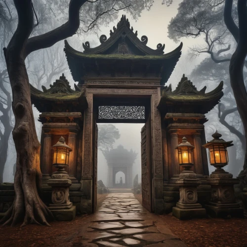 victory gate,japanese shrine,the mystical path,white temple,shrine,tori gate,shrines,asian architecture,hall of the fallen,portal,mausoleum ruins,ancient city,buddhist temple,stone gate,entrada,sanctum,hanging temple,wudang,gateway,ancient house,Conceptual Art,Daily,Daily 18