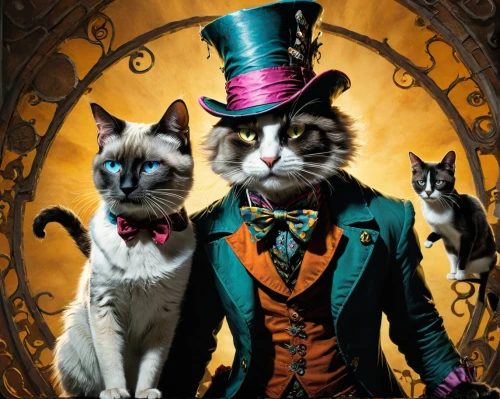 ringmaster,aristocrats,two cats,magicians,hatter,vintage cats,tuxedoes,aristocrat,gatos,magician,ringmasters,bulgakov,maometto,cats,catsoulis,tea party cat,figaro,alberty,gentlemanly,aristocats,Illustration,American Style,American Style 02