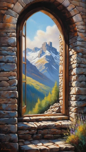 mountain scene,alpine landscape,mountain landscape,landscape background,home landscape,window,ventana,window to the world,the window,windows wallpaper,mountain settlement,paisaje,big window,mountain view,church painting,house in mountains,mountainous landscape,ventanas,window view,el arco,Conceptual Art,Oil color,Oil Color 09