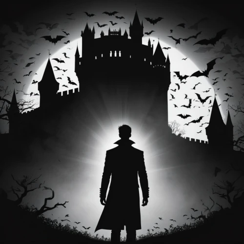 halloween background,halloween silhouettes,halloween wallpaper,baskerville,halloween poster,house silhouette,halloween illustration,bram stoker,halloween vector character,baskervilles,haunted castle,silhouette art,witchfinder,haunted cathedral,ghost castle,gothicus,ravenloft,darktown,count dracula,hallows,Illustration,Black and White,Black and White 33