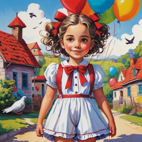 anabelle,little girl with balloons,gpk,raggedy ann,balloonist,falda,chiquititas,painter doll,dorothy,pippi longstocking,cloth doll,annabelle,shirley temple,candyland,dorthy,doll dress,candy island girl,storybook character,gretel,cute cartoon character,Illustration,Paper based,Paper Based 06