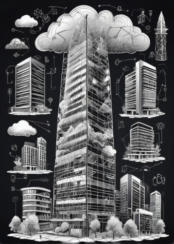 skyscraping,skyscraper,highrises,the skyscraper,arcology,skyscraper town,high-rise building,skyscrapers,supertall,skycraper,highrise,tall buildings,technodrome,megapolis,superstructures,stalin skyscraper,high rises,high rise building,ctbuh,buildings,Illustration,Black and White,Black and White 11