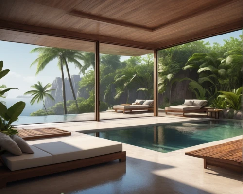 tropical house,pool house,3d rendering,amanresorts,tropical greens,tropical island,holiday villa,sunroom,modern living room,cabana,tropics,interior modern design,palms,seclude,home landscape,luxury home interior,3d rendered,tropical jungle,roof landscape,render,Conceptual Art,Sci-Fi,Sci-Fi 07