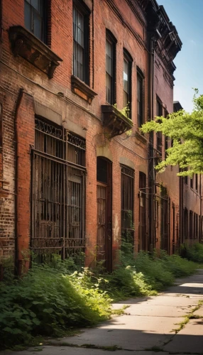 fordlandia,old linden alley,brownfields,brownstones,urban landscape,soulard,red brick,sidestreets,callowhill,rowhouses,brickyards,row houses,alleys,redbrick,sidestreet,brickworks,alleyways,red bricks,streetscape,middleport,Illustration,Retro,Retro 18