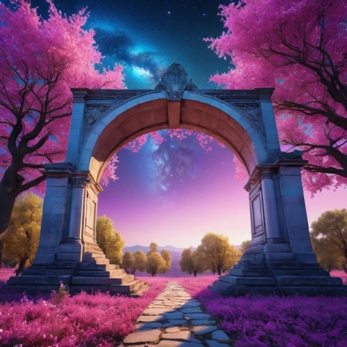 heaven gate,purple landscape,rose arch,japanese sakura background,archway,portal,gateway,fantasy picture,arch,fantasy landscape,3d background,sakura background,portals,purple wallpaper,victory gate,purple and pink,beautiful wallpaper,the mystical path,natural arch,cartoon video game background,Photography,General,Realistic