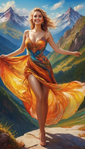 fantasy picture,celtic woman,fantasy art,margairaz,the spirit of the mountains,margaery,orange,girl in a long dress,mountain spirit,landscape background,world digital painting,mountain scene,the blonde in the river,xanth,fantasy woman,adagio,orange robes,karakas,little girl in wind,gaea,Conceptual Art,Daily,Daily 32