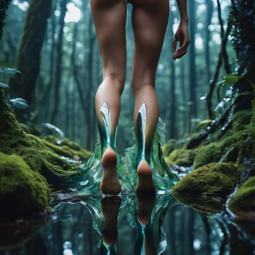 dryad,ballerina in the woods,dryads,reflection in water,swamps,reflexed,reflexes,naiad,forest floor,faerie,wading,water reflection,reflections in water,faery,mirror water,green water,witch's legs,conceptual photography,fairy forest,submerging,Photography,Artistic Photography,Artistic Photography 03