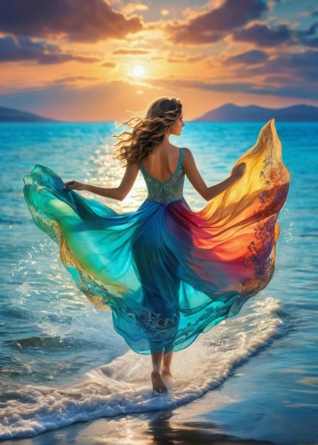 the wind from the sea,eurythmy,splendid colors,girl in a long dress,voile,celtic woman,sirene,colorful background,mermaid background,riverdance,exhilaration,sun and sea,harmony of color,vibrantly,the sea maid,colorful water,amphitrite,colorful light,dreamscapes,gracefulness,Art,Classical Oil Painting,Classical Oil Painting 01
