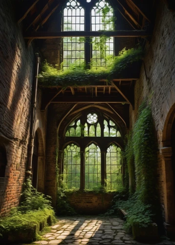 dandelion hall,moss landscape,forest chapel,hall of the fallen,abandoned place,witch's house,hammerbeam,herbology,abandoned places,lostplace,inglenook,lost place,ruins,overgrowth,doorways,the threshold of the house,sanctuary,briarcliff,fantasy landscape,nargothrond,Art,Artistic Painting,Artistic Painting 09