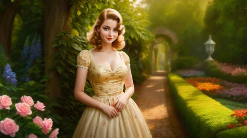 girl in the garden,fantasy picture,margaery,margairaz,aerith,yellow rose background,celtic woman,fairy tale character,girl in flowers,secret garden of venus,cinderella,galadriel,world digital painting,way of the roses,gwtw,enchanting,rosa 'the fairy,leighton,rosaline,frigga