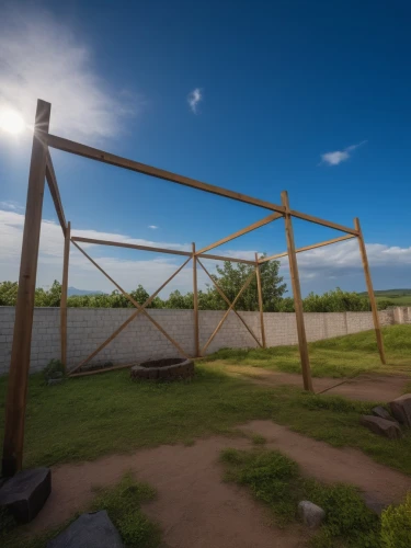 pasture fence,adventure playground,trellises,gable field,fenced,swingley,bannack camping tipi,archery stand,garden fence,dog house frame,fence gate,wooden frame construction,stockade,climbing frame,ringfort,bamboo frame,the fence,batoche,fence,downstream gate,Photography,General,Realistic