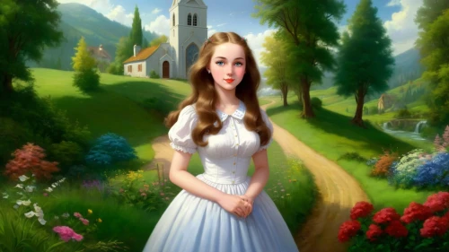 church painting,nessarose,girl in the garden,pevensie,gwtw,girl in a long dress,fantasy picture,fairy tale character,avonlea,dorthy,landscape background,anarkali,leighton,dorothy,duchesse,galadriel,celtic woman,kisling,principessa,noldor