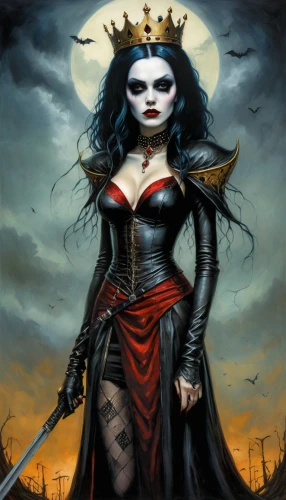 gothic woman,queen of hearts,malefic,xandria,villainess,gothic portrait,black queen,hecate,vampire woman,demona,abaddon,yavana,crow queen,queen of the night,goth woman,emperatriz,morwen,evil woman,huntress,neverthless,Illustration,Realistic Fantasy,Realistic Fantasy 34
