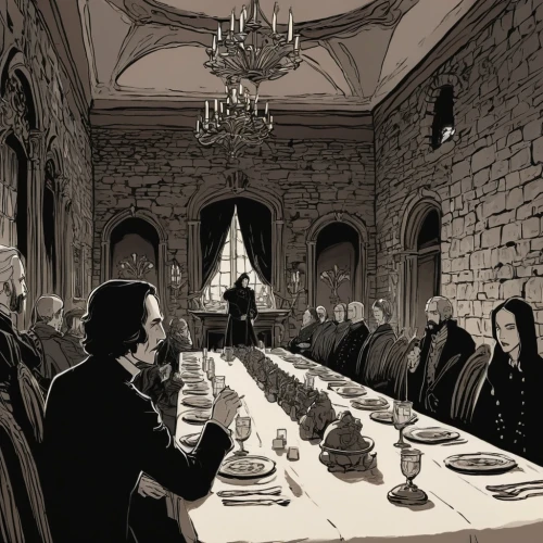 strahd,filch,snape,long table,severus,holy supper,volturi,exclusive banquet,dining,dining room,jkr,last supper,vetinari,dignitaries,triwizard,dinner party,lannisters,fellowship,simione,slughorn,Illustration,Black and White,Black and White 02