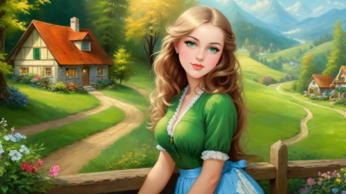 fairy tale character,girl in the garden,dorthy,children's background,landscape background,storybook character,kirtle,fantasy picture,eilonwy,girl picking flowers,gretel,innkeeper,girl with tree,townsfolk,dorothy,liesel,dirndl,girl in a long,world digital painting,princess anna