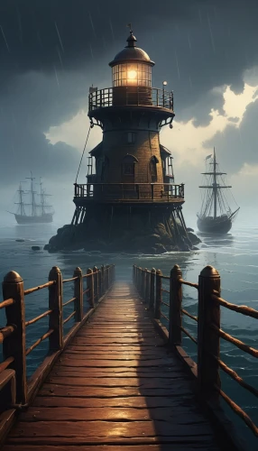 ghost ship,gangplank,lighthouses,sail ship,sea sailing ship,pirate ship,lighthouse,sailing ship,tallship,full hd wallpaper,fantasy picture,wooden pier,lightkeeper,seafaring,galleon,sailing ships,undock,undocked,dishonored,three masted sailing ship,Conceptual Art,Oil color,Oil Color 12