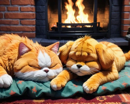 warm and cozy,warmth,shisa,cuddly toys,log fire,toasty,cosy,fireside,georgatos,ginger cat,cozier,cosier,two cats,catnaps,cozies,cozying,lions couple,felids,stuffed toys,red tabby,Illustration,Japanese style,Japanese Style 03