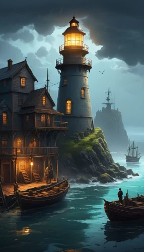 lighthouses,lighthouse,electric lighthouse,light house,world digital painting,red lighthouse,fantasy picture,house of the sea,lightkeepers,fisherman's house,petit minou lighthouse,ghost ship,shipwrights,harborlights,phare,fishing village,windows wallpaper,waterhouses,seahaven,night scene,Conceptual Art,Oil color,Oil Color 12