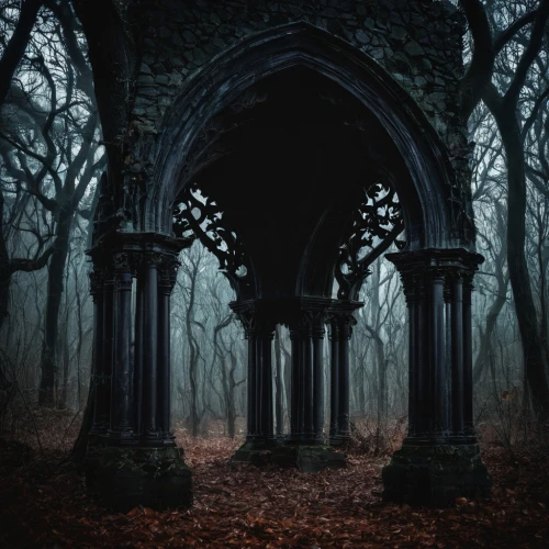 haunted cathedral,forest chapel,old graveyard,necropolis,hall of the fallen,gothicus,sepulchres,creepy doorway,nunery,arbor,witch's house,portal,dark gothic mood,mausoleum ruins,sanctuary,sepulchre,ghost castle,mausolea,forest cemetery,ruins,Illustration,Realistic Fantasy,Realistic Fantasy 46