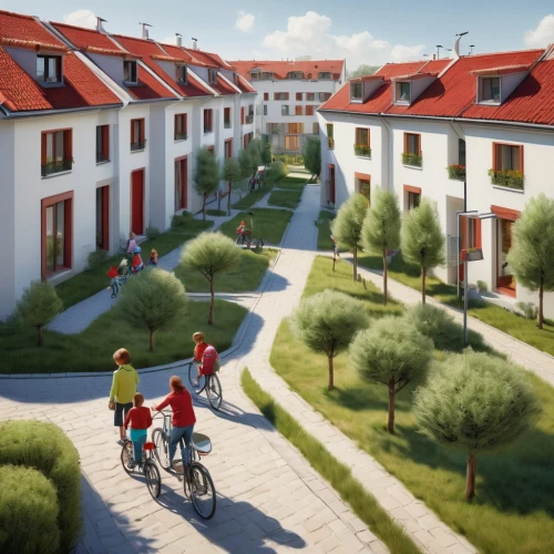 cohousing,townhouses,townhomes,plattenbau,new housing development,europan,bicycle path,escher village,bicycle lane,housing,housing estate,bicycles,bicycle ride,westerburg,blocks of houses,dormitory,ecovillages,3d rendering,bicycle riding,apartment complex,Illustration,Abstract Fantasy,Abstract Fantasy 18