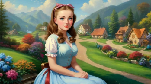 dorthy,fairy tale character,dirndl,dorothy,alice in wonderland,girl in the garden,housemaid,storybook character,fraulein,landscape background,fantasy picture,belle,children's background,fantasyland,virieu,young girl,maidservant,art painting,nessarose,aerith