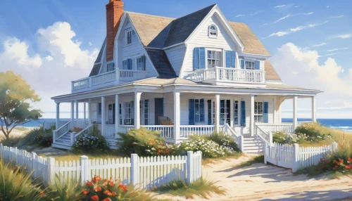 summer cottage,weatherboard,seaside country,beach hut,white picket fence,wooden house,house painting,house by the water,little house,cottage,houses clipart,beach house,rodanthe,seaside resort,nantucket,victorian house,dunes house,wooden houses,dreamhouse,home landscape,Conceptual Art,Oil color,Oil Color 03