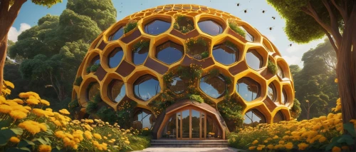 honeycomb structure,bee house,building honeycomb,the hive,dandelion hall,biospheres,honeychurch,ecotopia,earthship,insect house,flower dome,yellow garden,cubic house,hex,biopiracy,bee farm,infusoria,rivendell,odomes,hive,Illustration,Retro,Retro 16