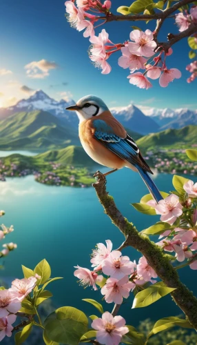 flower and bird illustration,blue birds and blossom,spring background,nature background,springtime background,nature wallpaper,spring bird,japanese sakura background,background view nature,beautiful bird,bird flower,landscape background,flower background,spring nature,spring leaf background,bird painting,nature bird,bird kingdom,bird on branch,japanese floral background,Photography,General,Realistic