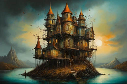 ghost ship,sea fantasy,pirate ship,fantasy art,ghost castle,fantasy picture,witch house,house of the sea,galleon,haunted castle,witch's house,sunken ship,aground,seadrift,planescape,the haunted house,sea sailing ship,castle of the corvin,orchestrion,bathysphere,Illustration,Realistic Fantasy,Realistic Fantasy 34
