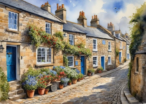 houses clipart,burford,townscapes,cottages,row of houses,robin hood's bay,the cobbled streets,stone houses,cotswold,medieval street,cotswolds,townhouses,cobbled,old houses,inglaterra,ecosse,helmsley,narrow street,angleterre,hovis,Illustration,Paper based,Paper Based 24