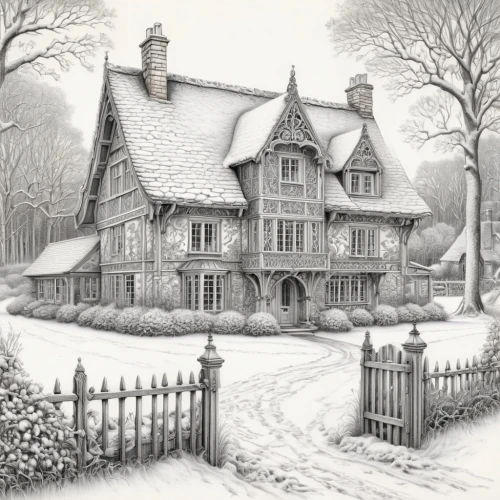 houses clipart,winter house,witch's house,house drawing,victorian house,snow house,country cottage,witch house,country house,winterplace,old victorian,creepy house,winterbourne,cottage,victorian style,dreamhouse,ludgrove,the haunted house,cottages,doll's house,Illustration,Black and White,Black and White 03