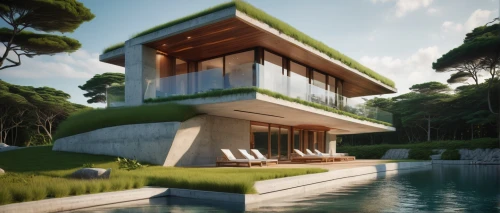 modern house,modern architecture,3d rendering,cubic house,render,grass roof,dunes house,pool house,renders,forest house,house by the water,tropical house,dreamhouse,prefab,cube house,luxury property,landscaped,mid century house,futuristic architecture,holiday villa,Illustration,Realistic Fantasy,Realistic Fantasy 19