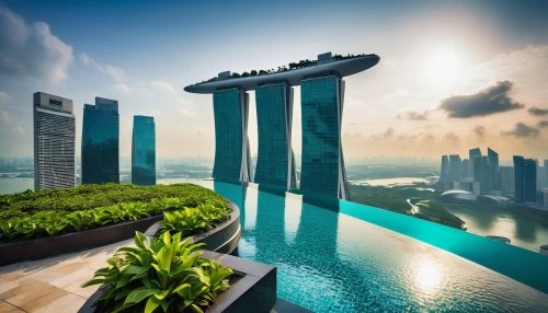 marina bay sands,singapore,singapore landmark,singapura,infinity swimming pool,skyscapers,skypark,futuristic architecture,skybridge,singaporean,sathorn,harbour city,supertall,skylstad,roof landscape,sky city tower view,skyscraping,waterview,high rise building,teal blue asia,Illustration,American Style,American Style 12
