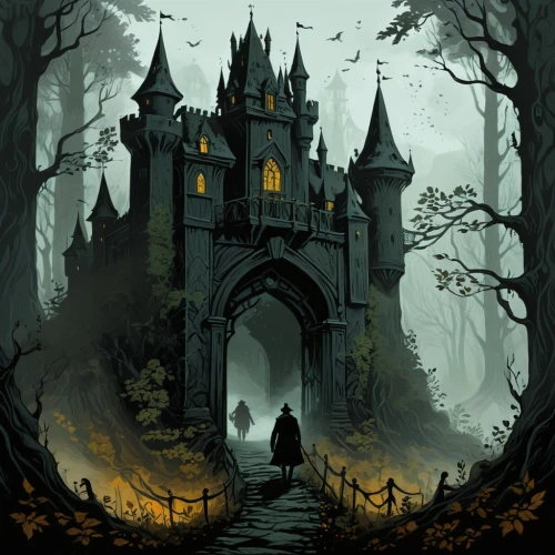 haunted cathedral,haunted castle,witch's house,nargothrond,ghost castle,witch house,castle of the corvin,hogwarts,the haunted house,shadowgate,halloween illustration,fairy tale castle,haunted house,ravenloft,halloween background,hallows,castlevania,house silhouette,hallowed,strahd,Illustration,Black and White,Black and White 02