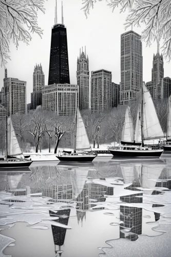 sailboats,sailing boats,waterfronts,lakefront,lake shore,lakeshore,city scape,chicagoan,chicagoland,rencen,old city marina,cityscapes,chicago skyline,moorings,sailing boat,boat harbor,chicago,waterfront,hoan,sail boat,Illustration,Black and White,Black and White 11