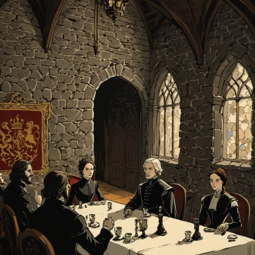 marauders,lannisters,strahd,senates,fellowship,triwizard,outlanders,honorary court,chess game,scriptorium,courtiers,tudors,dignitaries,playing cards,card game,dining room,cochaired,round table,council,the conference,Illustration,Black and White,Black and White 02
