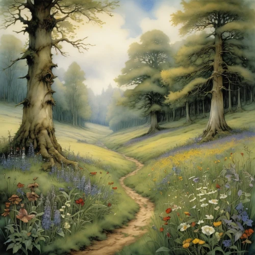 meadow in pastel,forest path,forest landscape,meadow landscape,pathway,meadow and forest,hiking path,fairy forest,forest glade,the mystical path,nature landscape,landscape background,forest road,salt meadow landscape,wooden path,the path,landscape nature,forest background,mountain meadow,enchanted forest,Illustration,Realistic Fantasy,Realistic Fantasy 14