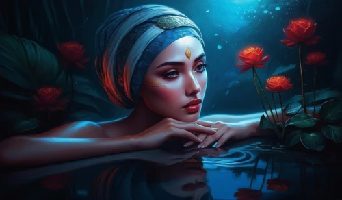 water nymph,water rose,naiad,amphitrite,digital painting,water lotus,persephone,ophelia,world digital painting,digital art,blue rose,underwater background,watery heart,the blonde in the river,fantasy portrait,llorona,blue moon rose,mystical portrait of a girl,naiads,rusalka,Illustration,Realistic Fantasy,Realistic Fantasy 25