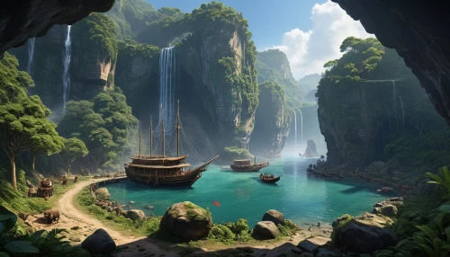 fantasy landscape,shaoming,underwater oasis,karst landscape,futuristic landscape,cryengine,floating islands,rivendell,yavin,crytek,lagoon,cave on the water,skylands,haicang,tailandia,waterfalls,3d fantasy,ancient city,uncharted,imperial shores,Photography,General,Natural