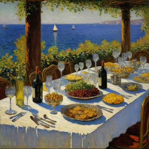 palizzi,tuxen,holiday table,tablecloths,mediterranean cuisine,ristorante,mediterannean,restaurante,trattoria,the dining board,willumsen,dining table,dinnerstein,dinner party,food table,beach restaurant,long table,pescatori,portuguese galley,mediterranee,Art,Artistic Painting,Artistic Painting 04
