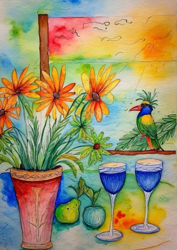 watercolor cocktails,colored pencil background,watercolor wine,oil pastels,water color,watercolor cafe,water colors,summer still-life,glass painting,cocktails,flower painting,marguerita,colorful drinks,watercolor background,margaritaville,watercolor tea,watercolorist,color pencil,watercolor painting,watercolours,Illustration,Paper based,Paper Based 24