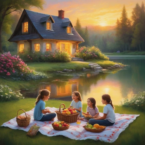 summer cottage,picnic,home landscape,cottage,family home,picnics,country cottage,idyllic,romantic scene,family picnic,beautiful home,lachapelle,autumn idyll,country house,picnicking,little house,woman house,idyll,children's background,home house,Conceptual Art,Daily,Daily 32