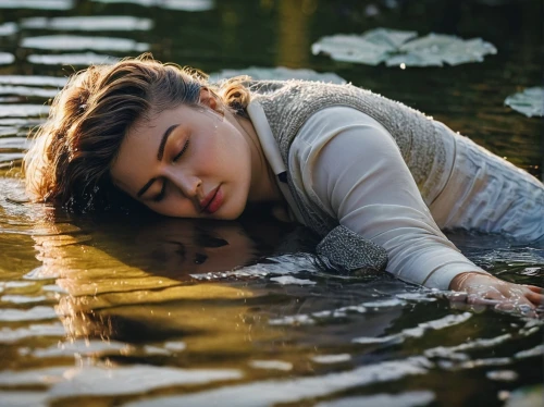 girl lying on the grass,girl on the river,floating on the river,idyll,sunken,photoshoot with water,serene,the blonde in the river,meditative,submerged,siesta,relaxed young girl,immersed,floating over lake,ophelia,unconscious,in water,woman laying down,water nymph,kupala,Photography,Fashion Photography,Fashion Photography 10