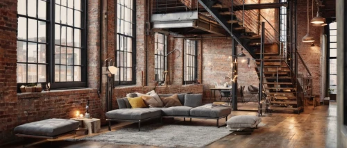 loft,lofts,apartment lounge,steel stairs,fire escape,modern decor,contemporary decor,warehouse,rustic aesthetic,living room,brownstone,interior design,apartment,sofas,an apartment,rowhouse,shared apartment,livingroom,fire place,minotti,Unique,3D,Panoramic