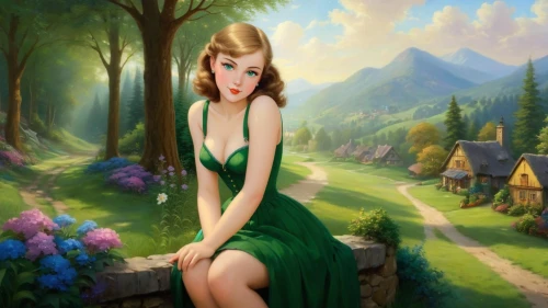 fantasy picture,saria,tinkerbell,green background,green dress,fairy tale character,girl in a long dress,fantasy art,forest background,landscape background,girl in the garden,dorthy,faerie,pinu,green landscape,girl with tree,emile vernon,princess anna,greensleeves,world digital painting