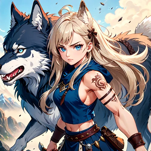 fenrir,atalanta,two wolves,ashe,sakamaki,female warrior,wolf couple,wolves,wolf,leone,blackwolf,shiranui,wolffian,wolfsschanze,hajara,sakari,wolfsangel,rafaela,howl,akita,Anime,Anime,Traditional