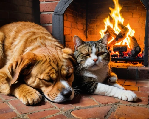 dog - cat friendship,dog and cat,warmth,warm and cozy,fireside,warming,fire place,fireplaces,domestic heating,log fire,fireplace,samen,buddies,companionship,petcare,thermoregulation,warmed,cat lovers,best friends,gatos,Conceptual Art,Fantasy,Fantasy 15