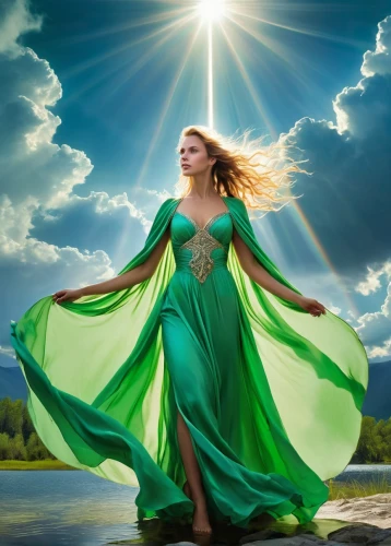 celtic woman,divine healing energy,frigga,celtic queen,riverdance,spring equinox,green dress,greensleeves,emerald,aaaa,skyclad,irishwoman,eurythmy,faery,green,tuatha,prosperity and abundance,faerie,image manipulation,lorien,Conceptual Art,Sci-Fi,Sci-Fi 19